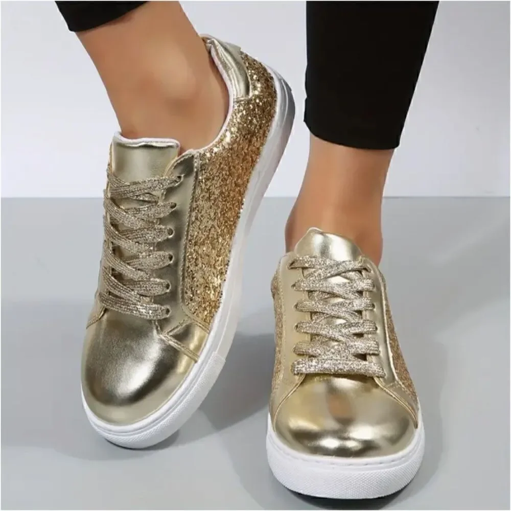 Women's Gold Sequin Glitter Sneakers Shoes Low Top Sparkle Festival